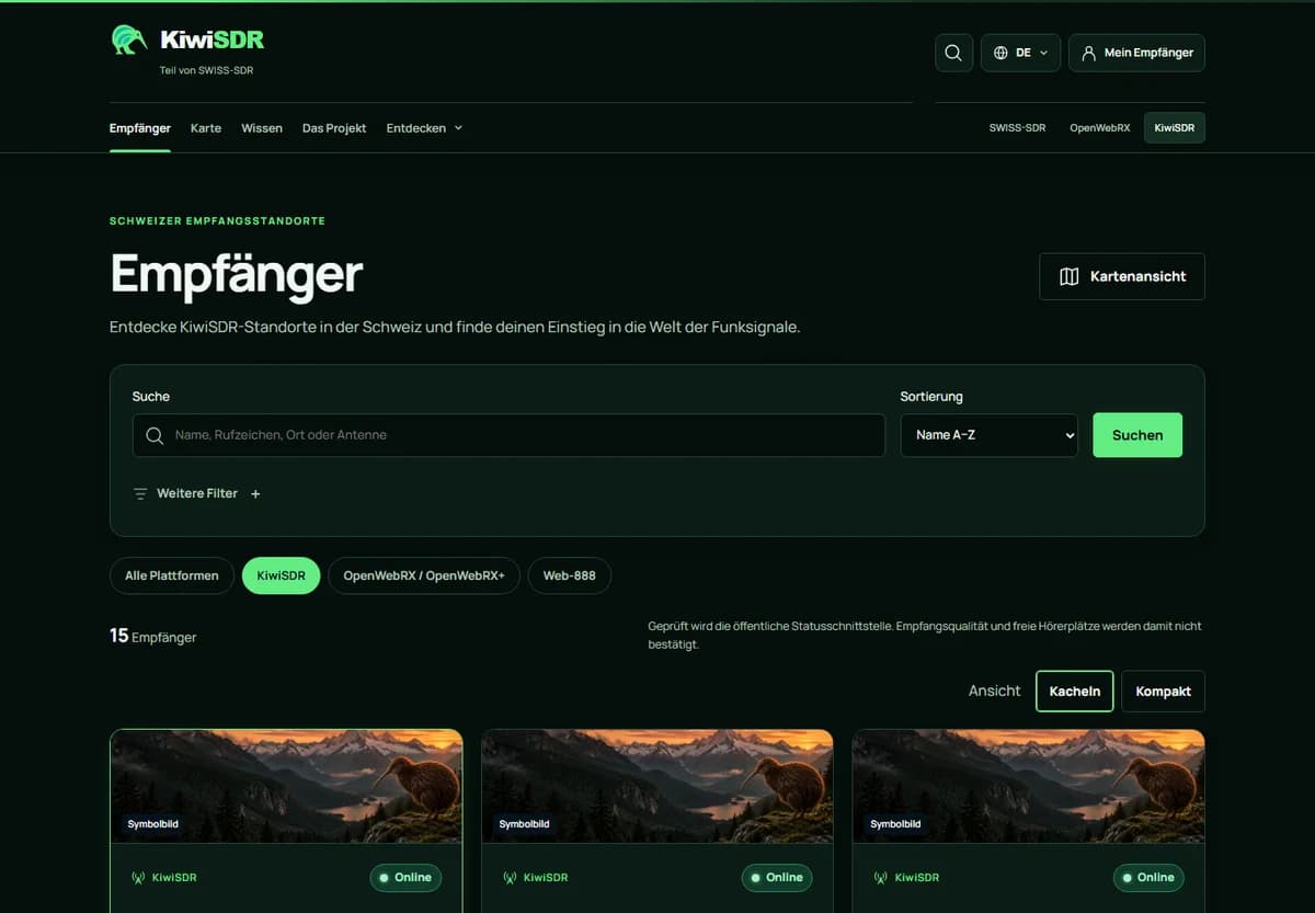KiwiSDR: Empfängerverzeichnis mit Suchfeld, Filtern und Auswahl der Plattform.