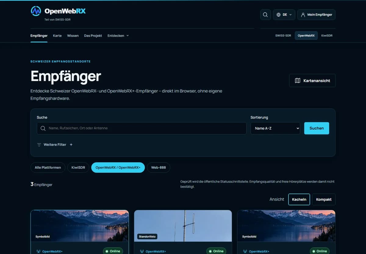 OpenWebRX: Empfängerverzeichnis mit Suchfeld, Filtern und Auswahl der Plattform.
